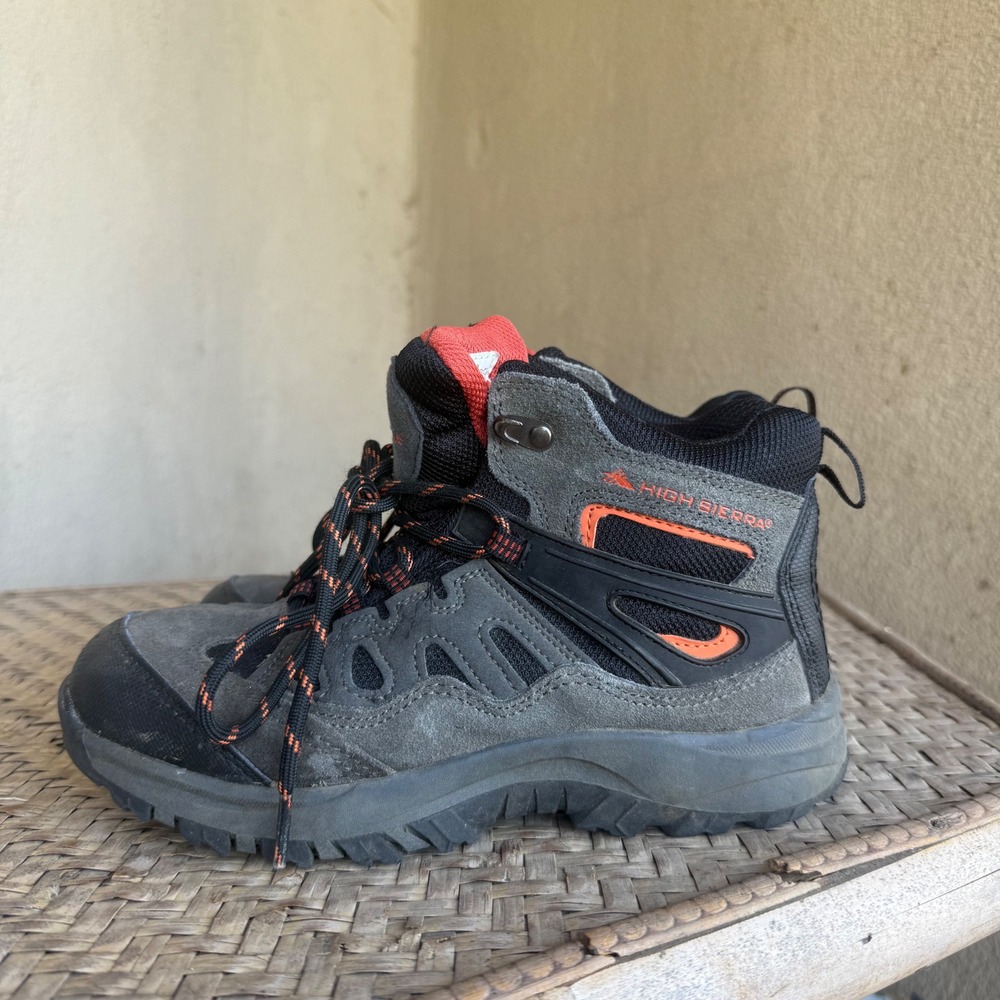 High Sierra Trooper Hiking Boots Boys 4 Grey Orange Suede Mesh Trail Gorpcore